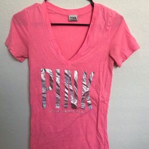 PINK V Neck Short Sleeve Top
